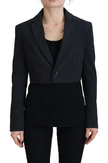  - Black Cotton Cropped Button Blazer Jacket