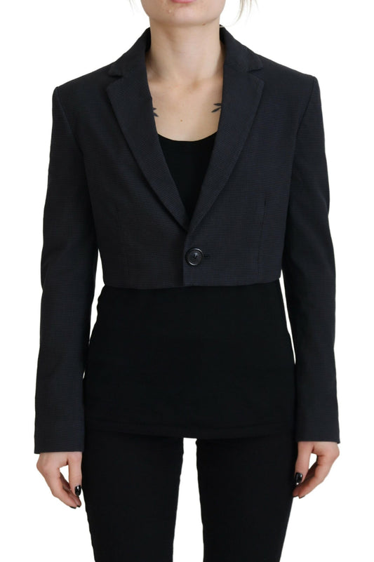  - Black Cotton Cropped Button Blazer Jacket