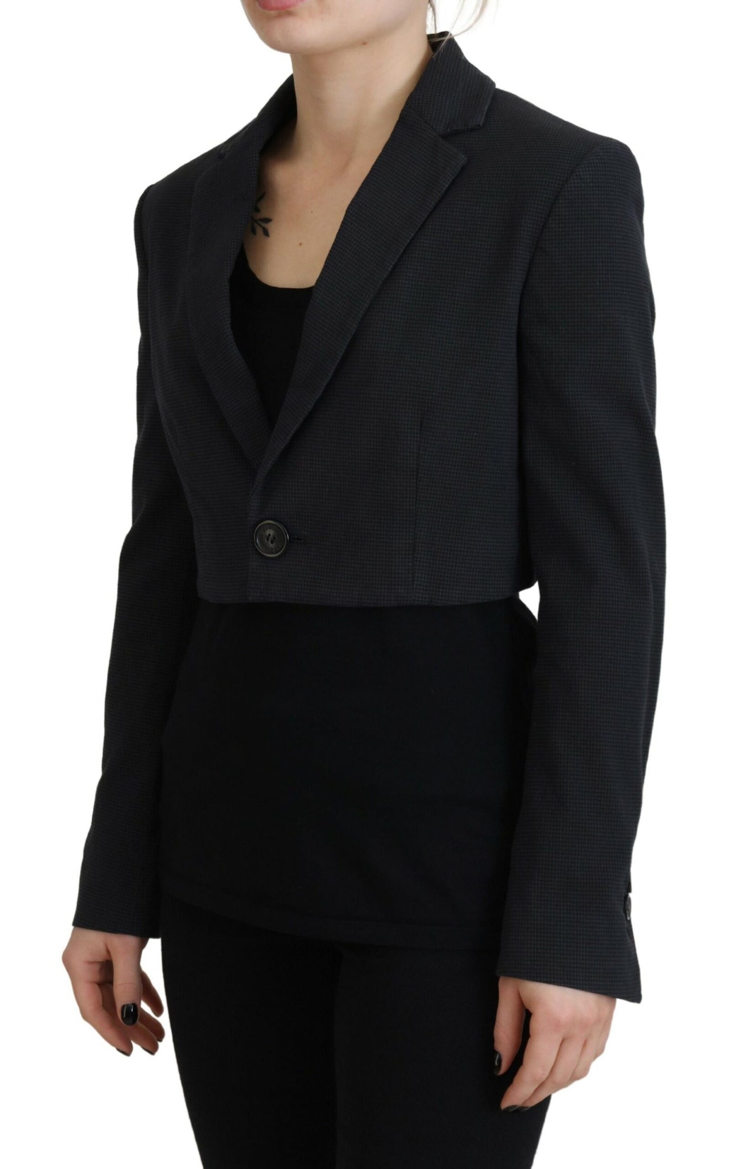  - Black Cotton Cropped Button Blazer Jacket