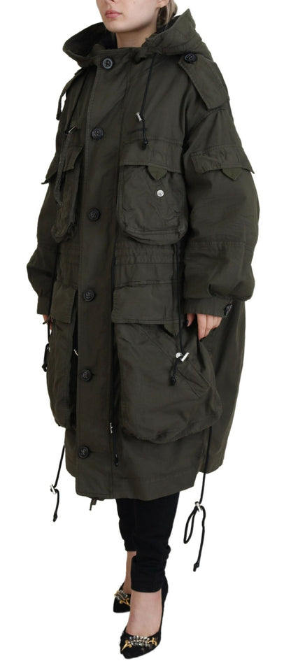  - Green Hooded Full Zip Long Parka Coat Jacket