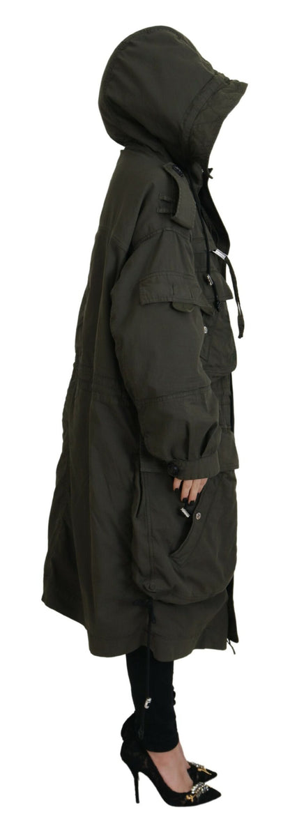  - Green Hooded Full Zip Long Parka Coat Jacket