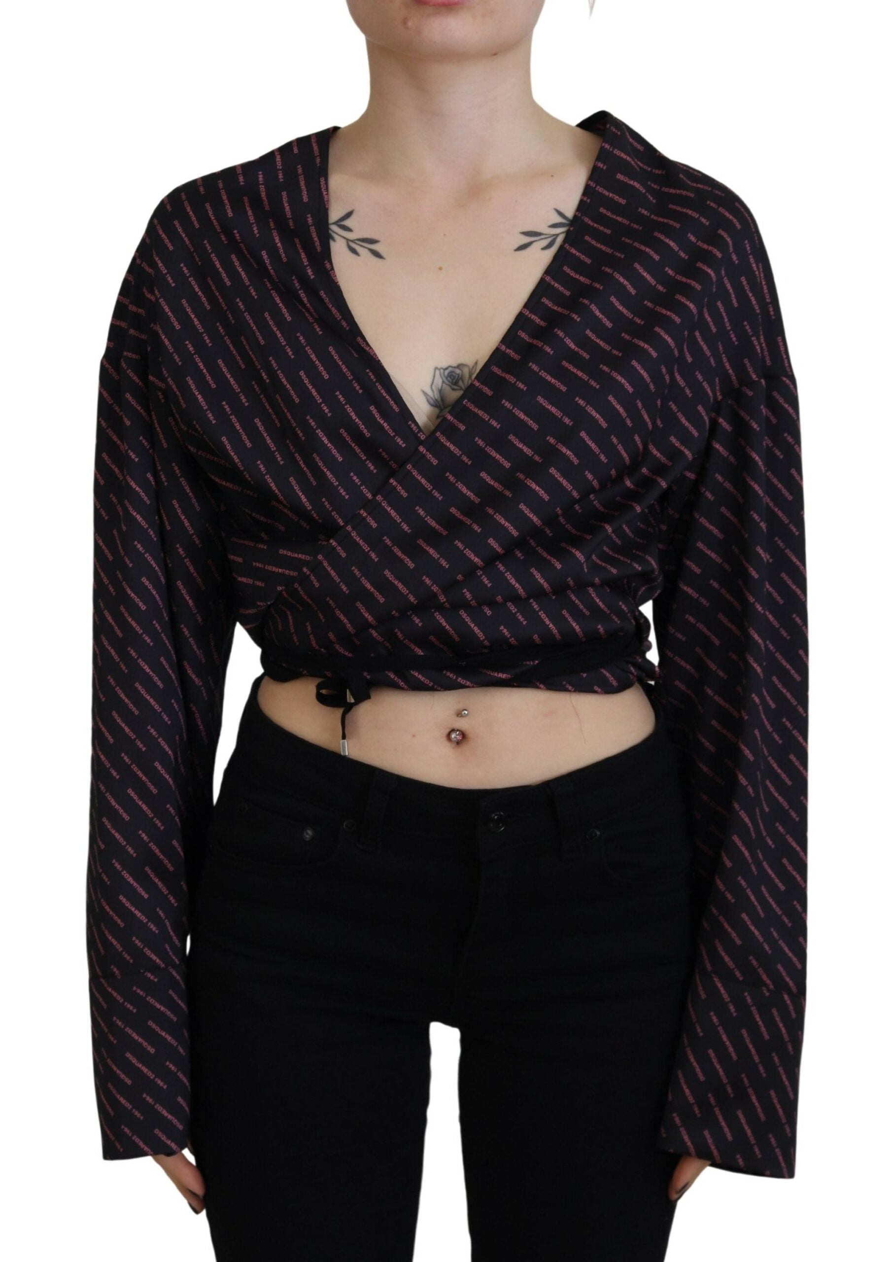 Dsquared2 Black Polyester Cropped Logo Printed Blouse Top