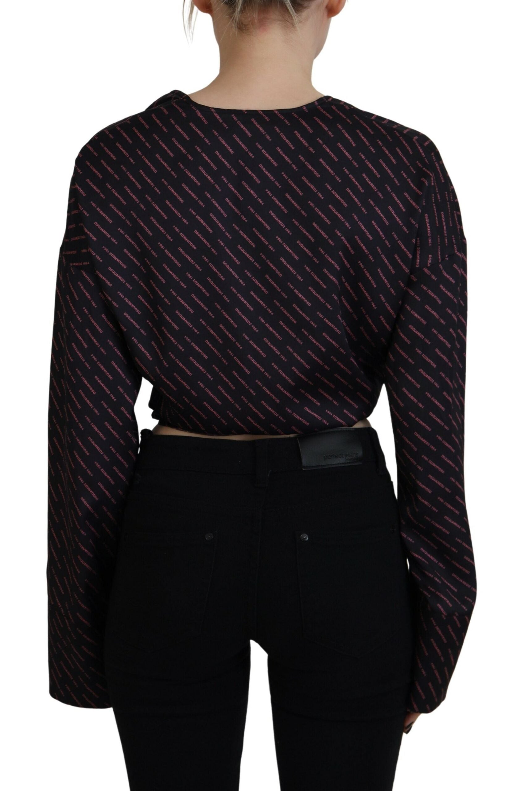 Dsquared2 Black Polyester Cropped Logo Printed Blouse Top