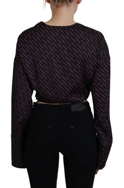  - Black Polyester Cropped Logo Printed Blouse Top