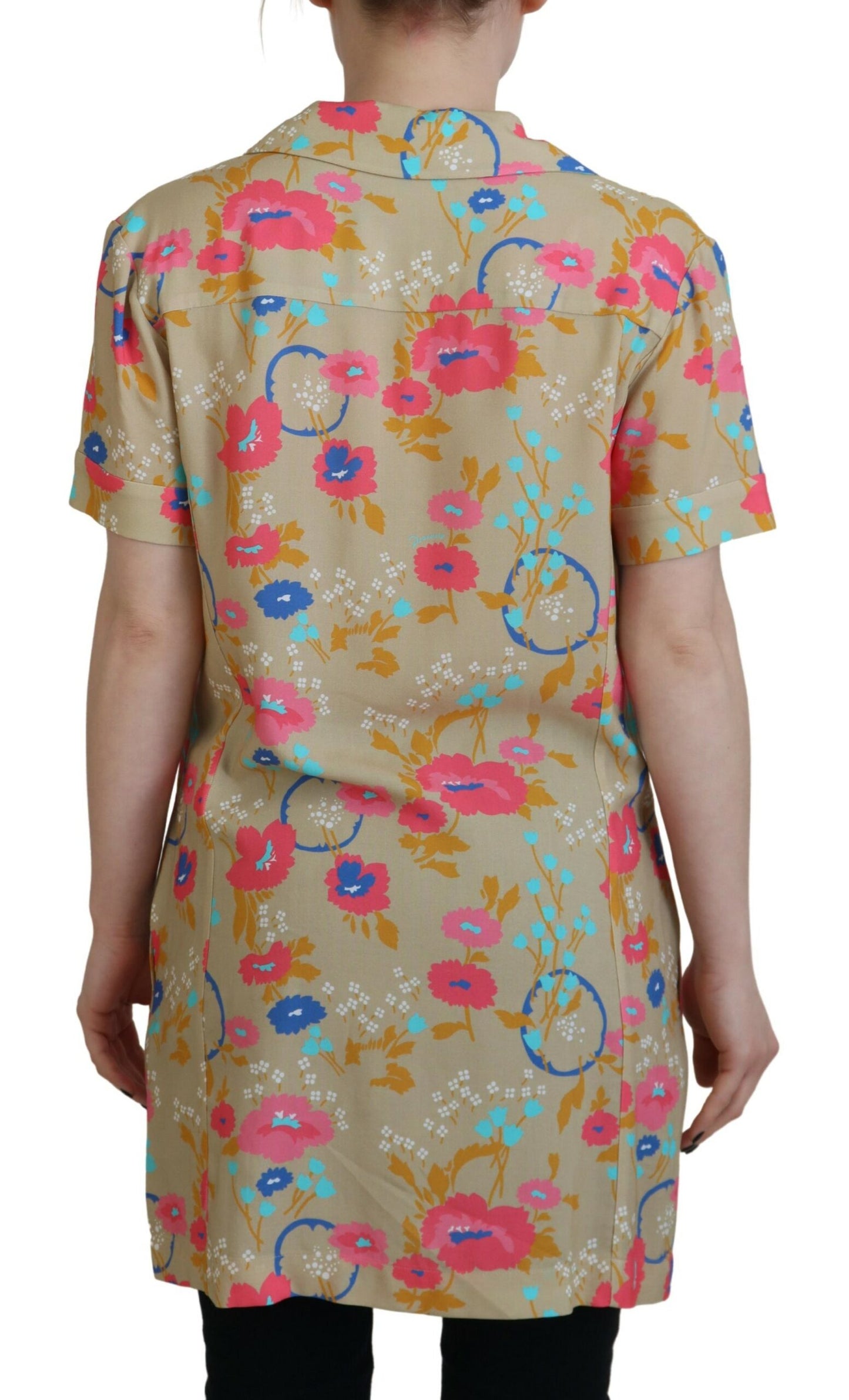  - Multicolor Printed Collared Button Front Long Blouse Top