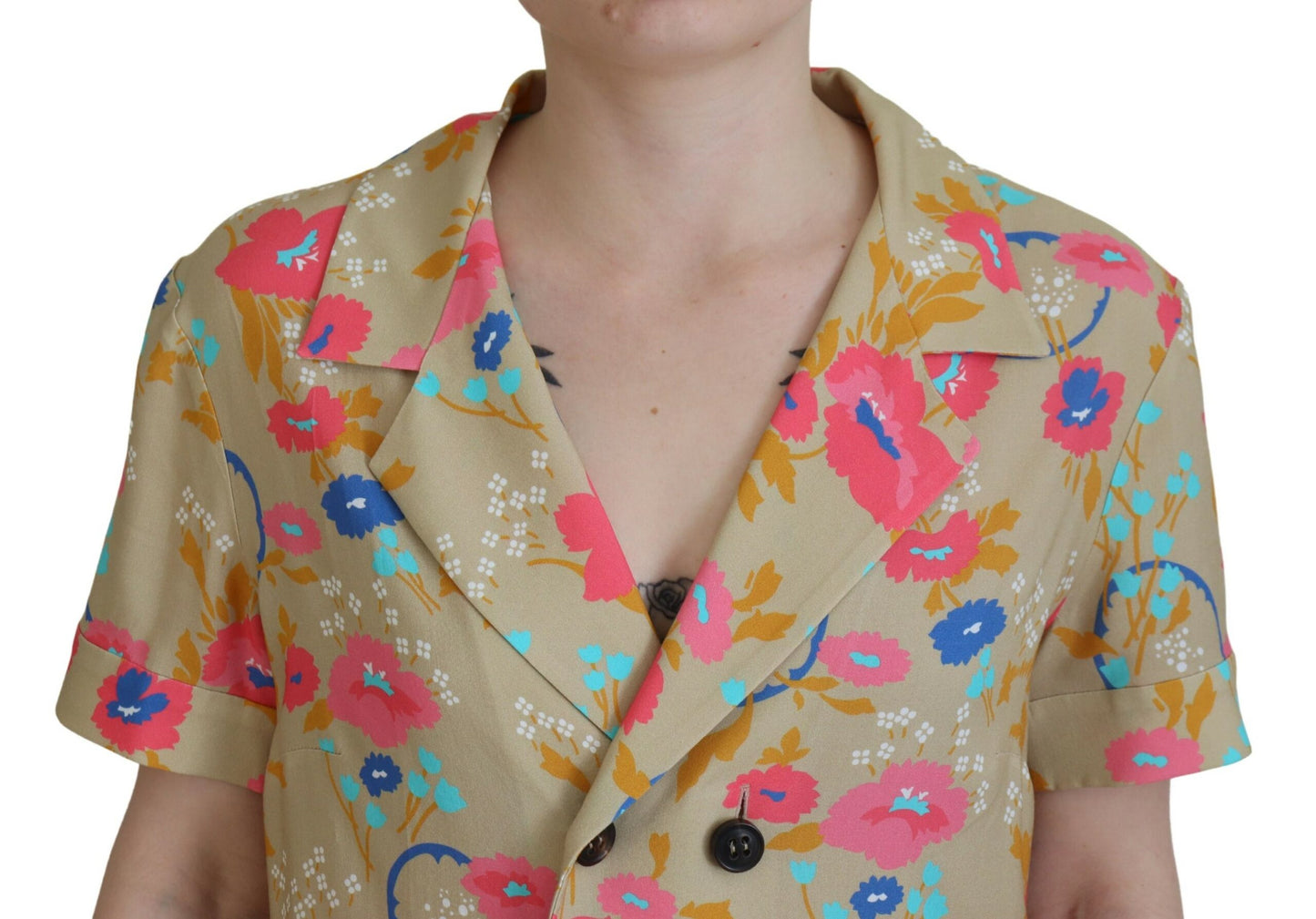  - Multicolor Printed Collared Button Front Long Blouse Top