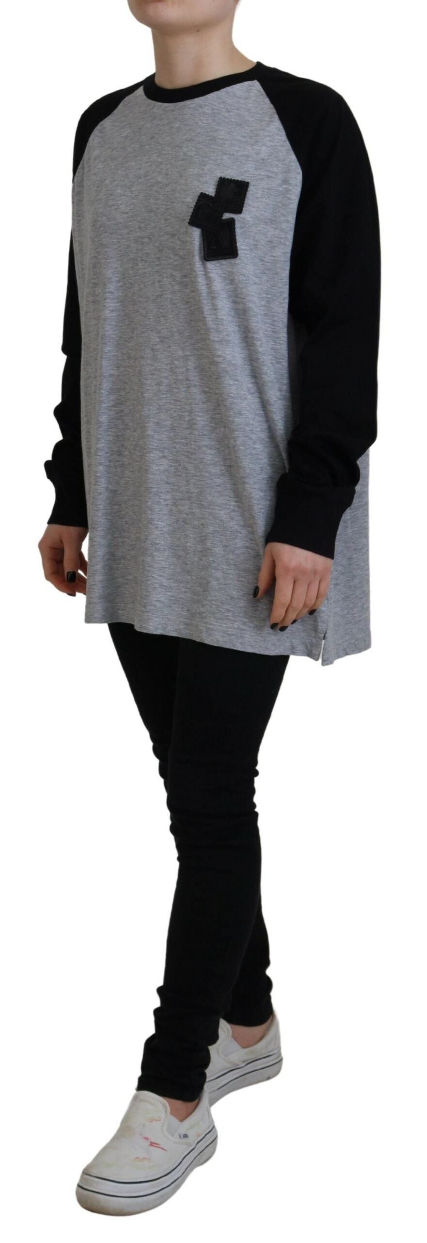  - Black Gray Cotton Raglan Long Sleeves Casual Top