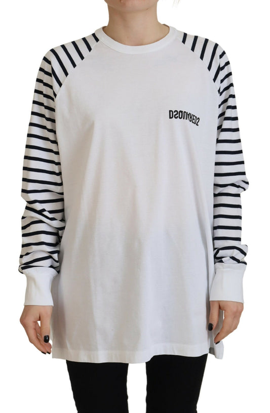  - White Cotton Striped Crew Neck Short Sleeve Sweater