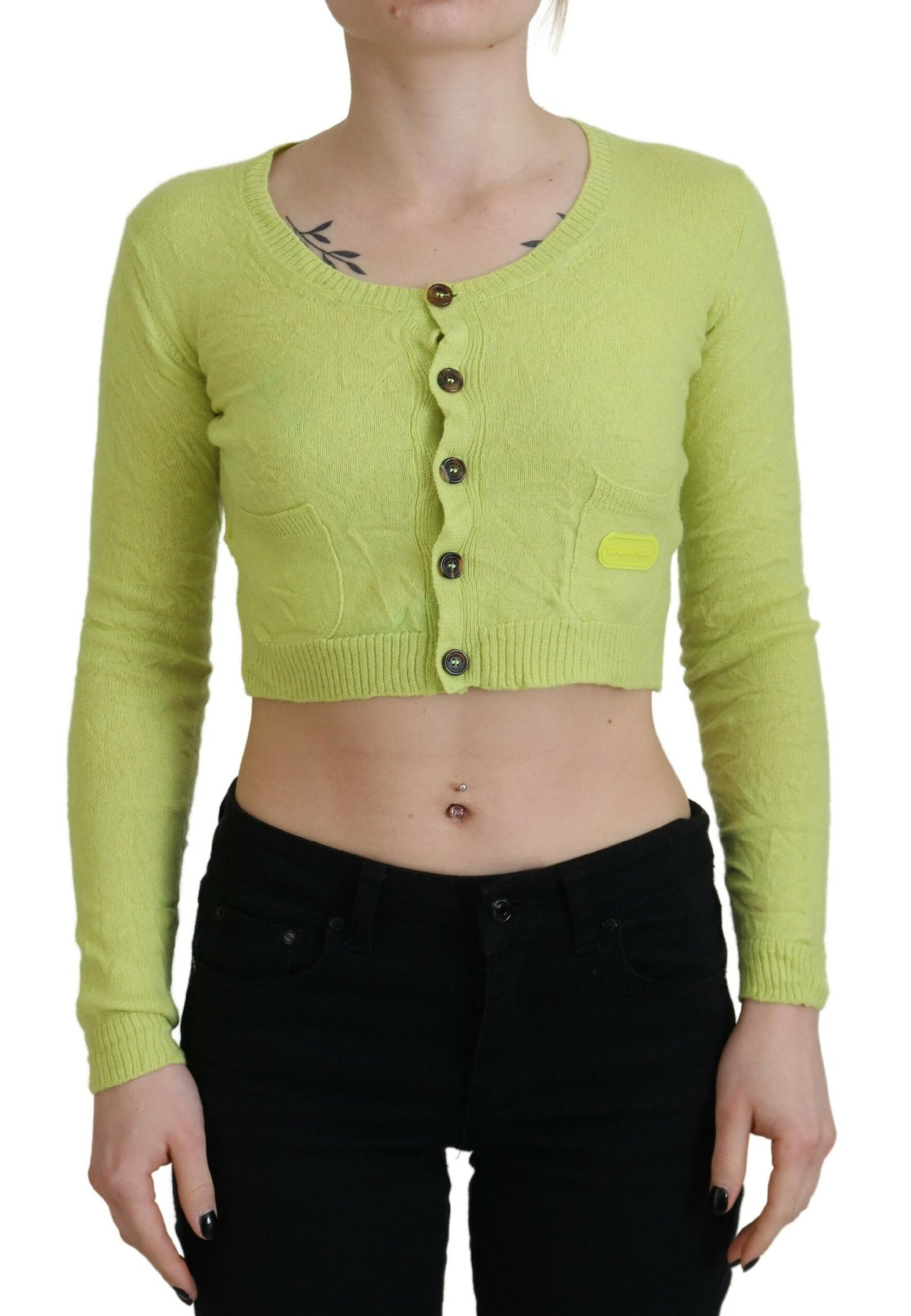  - Yellow Green Cashmere Long Sleeves Cropped Sweater