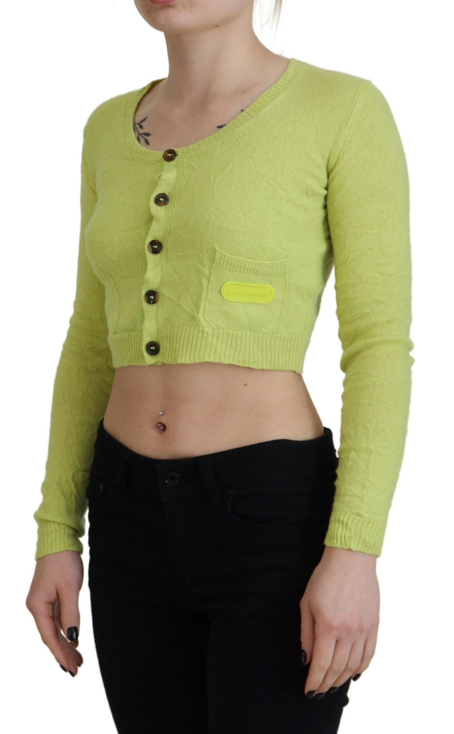  - Yellow Green Cashmere Long Sleeves Cropped Sweater