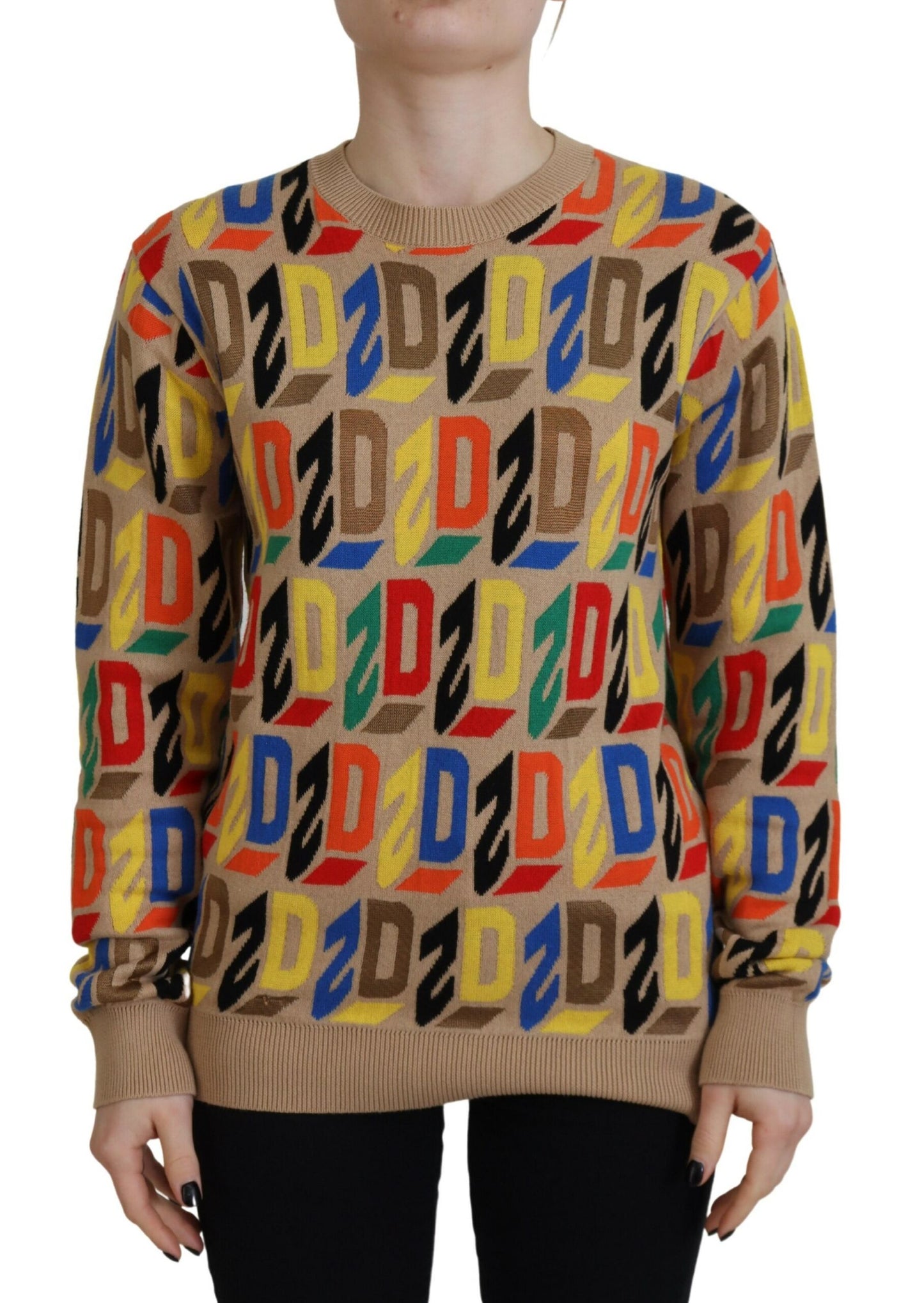  - Brown Cotton Long Sleeve Crew Neck Printed Sweater