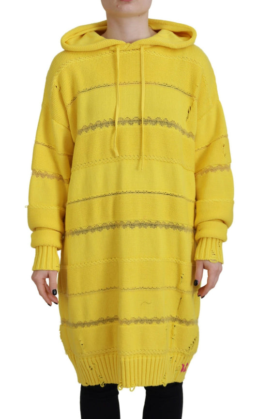  - Yellow Cotton Knitted Hooded Pullover Sweater