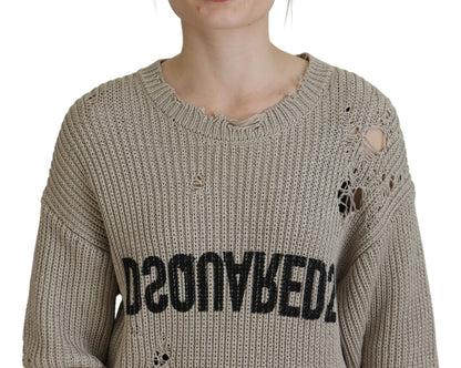  - Beige Cotton Knitted Crewneck Pullover Sweater