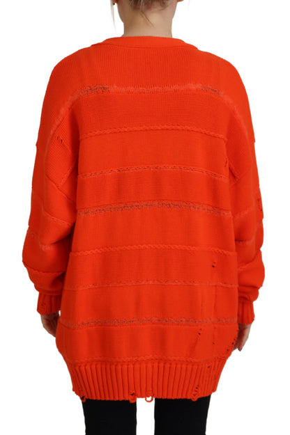  - Orange Cotton Knitted Buttoned Cardigan Sweater