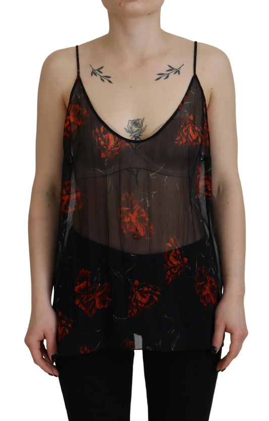  - Black Floral Print Spaghetti Strap Tank Blouse Top