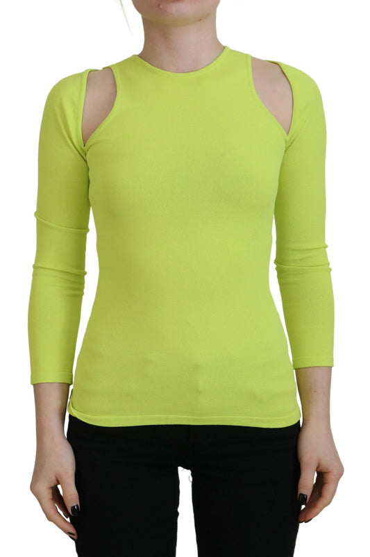  - Yellow Green Viscose Open Shoulder Long Sleeves Top