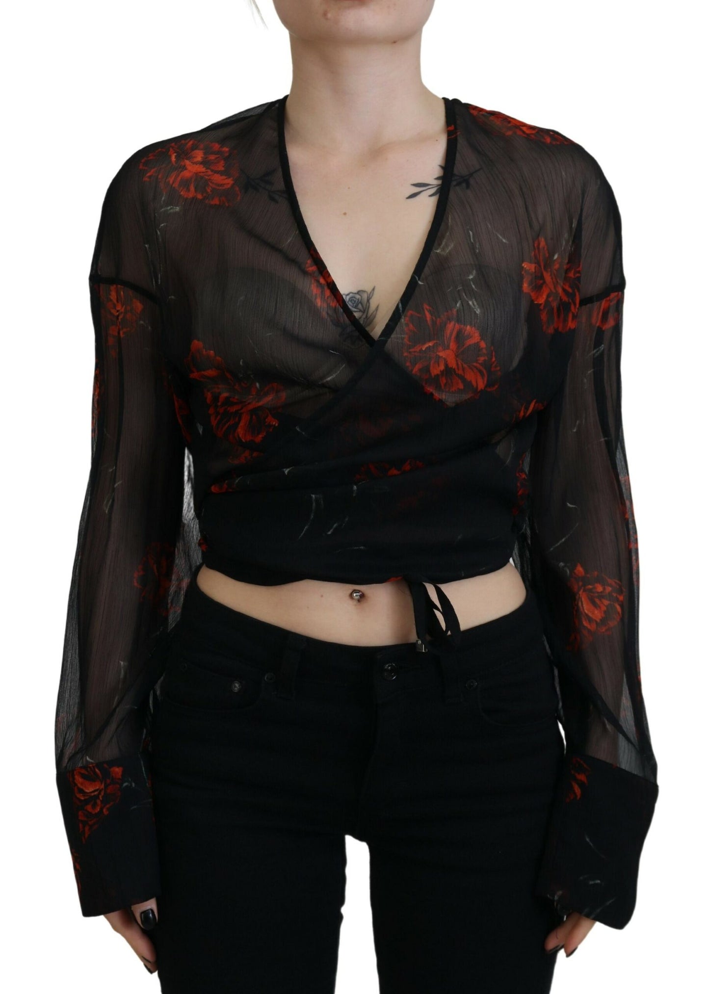  - Black Floral Print Cropped Wrap Long Sleeves Top