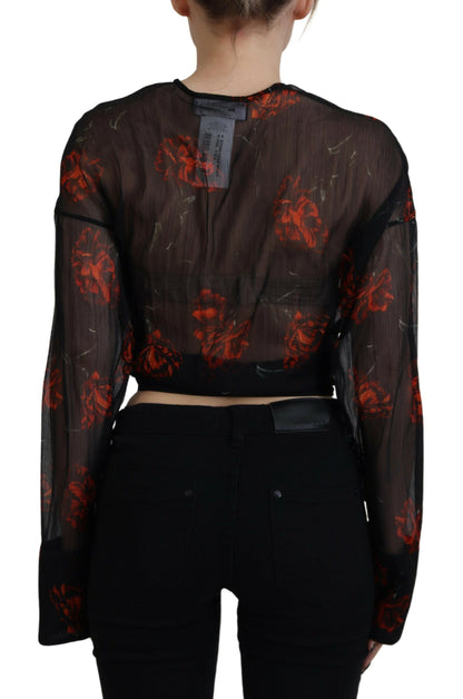  - Black Floral Print Cropped Wrap Long Sleeves Top