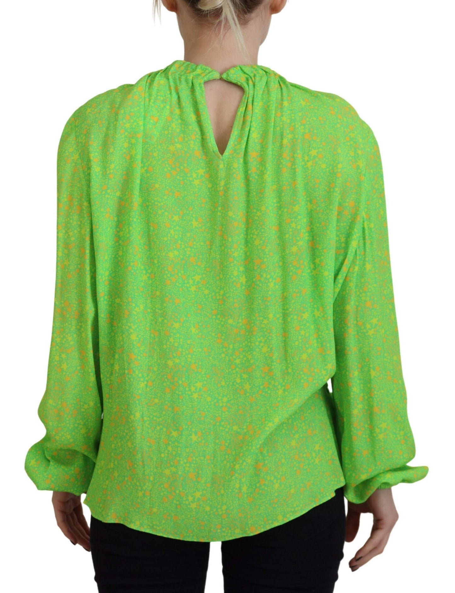  - Green Stars Print Viscose Long Sleeves Blouse Top