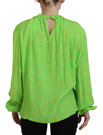  - Green Stars Print Viscose Long Sleeves Blouse Top