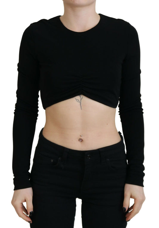  - Black Viscose Cropped Round Neck Long Sleeves Top