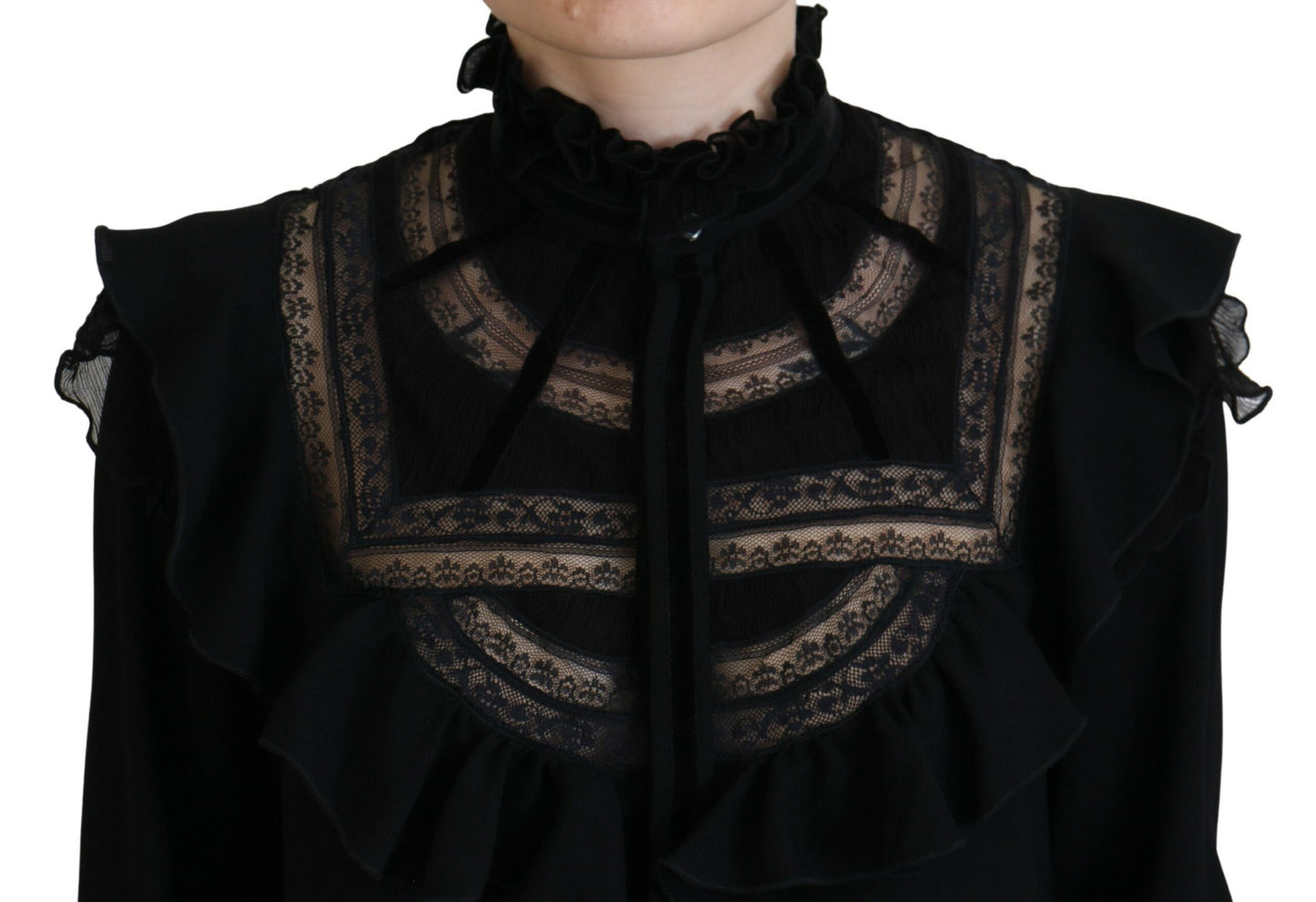  - Black Lace Trim Turtle Neck Long Sleeves Top