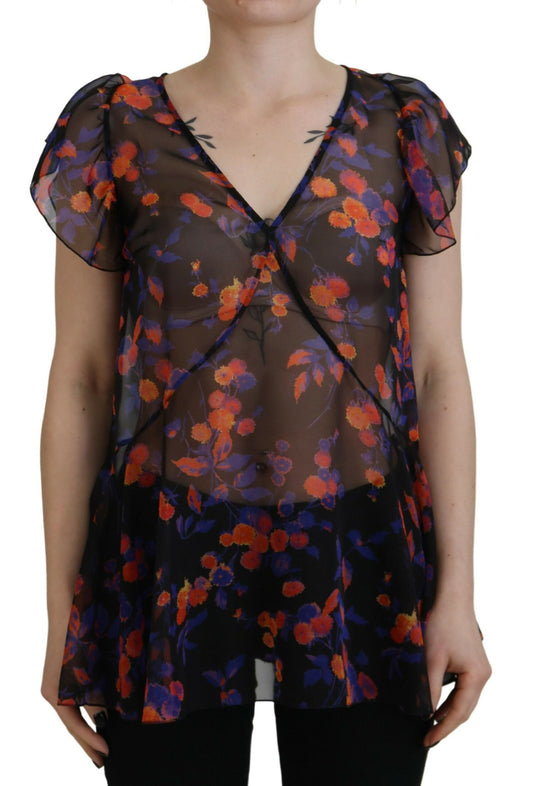  - Black Floral Print Short Sleeves V-neck Blouse Top