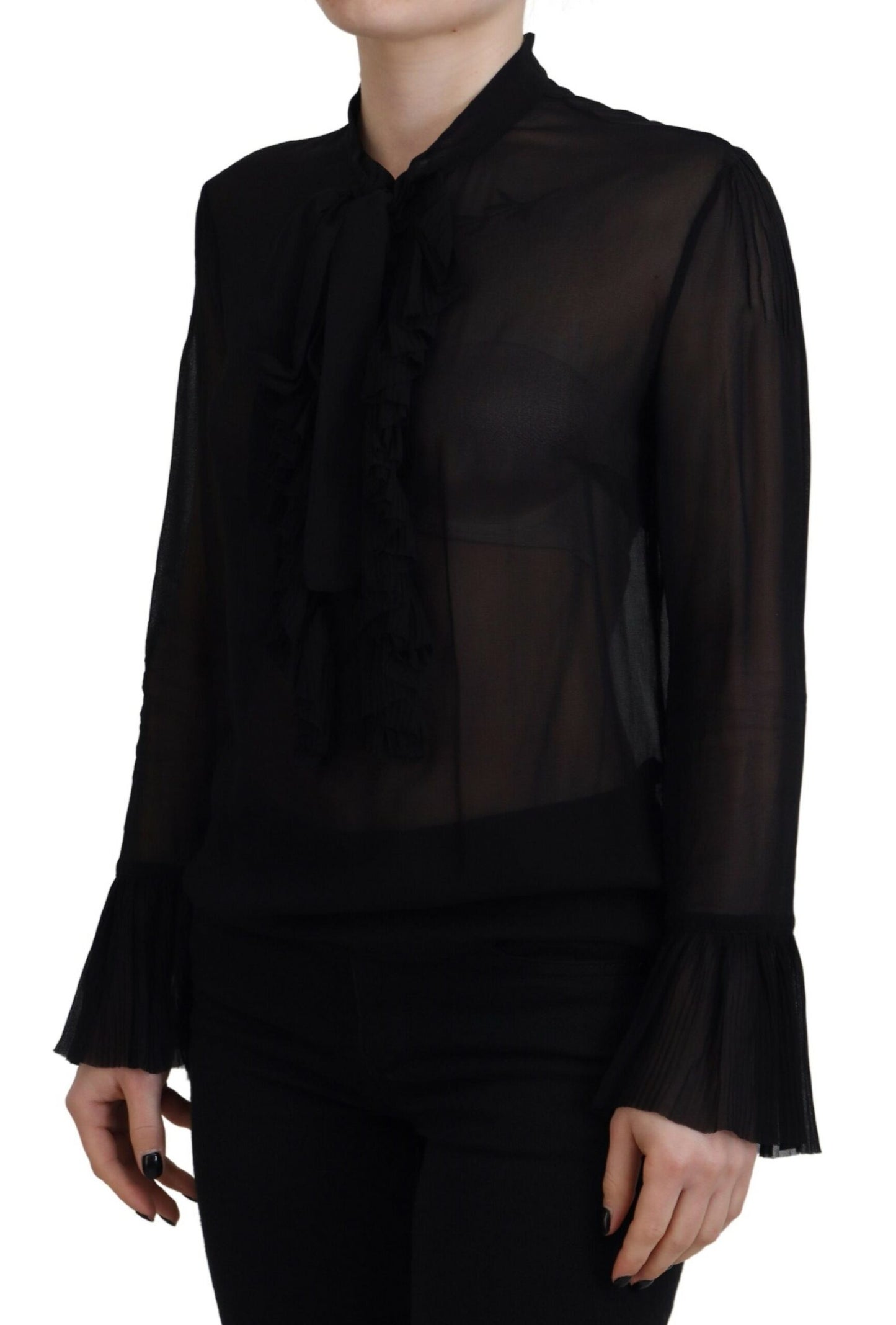  - Black Viscose Long Sleeves See Through Blouse Top