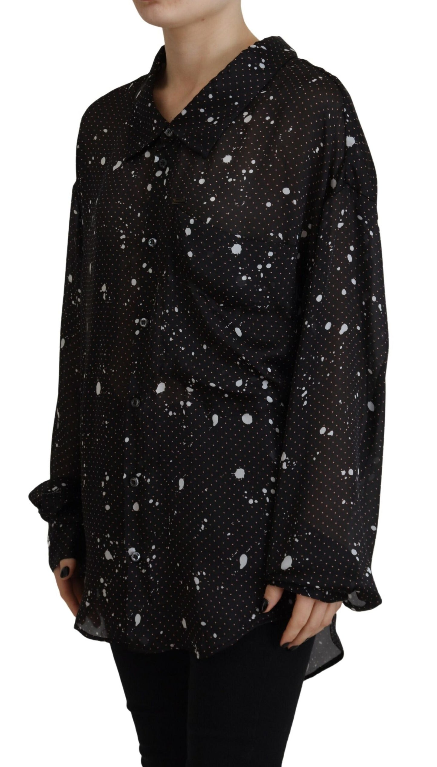  - Black Polka Dots Collared Button Down Blouse Top