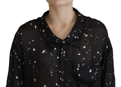  - Black Polka Dots Collared Button Down Blouse Top