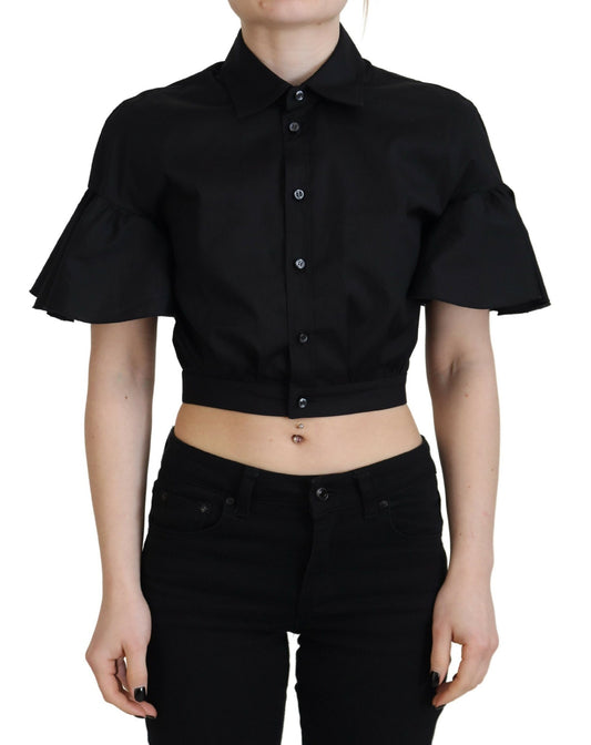  - Black Collared Button Down Short Sleeve Cropped Top