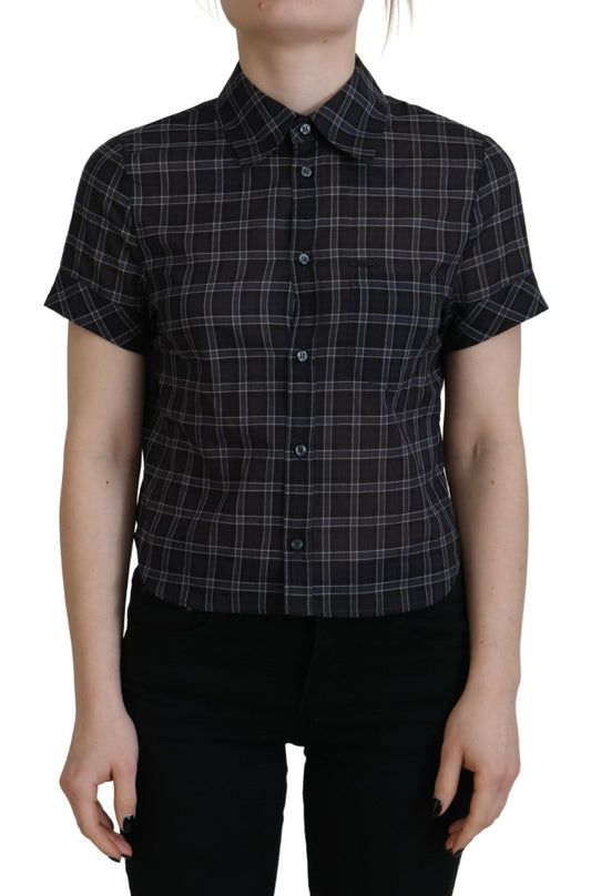  - Black Checkered Collared Button Short Sleeves Top