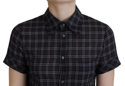  - Black Checkered Collared Button Short Sleeves Top