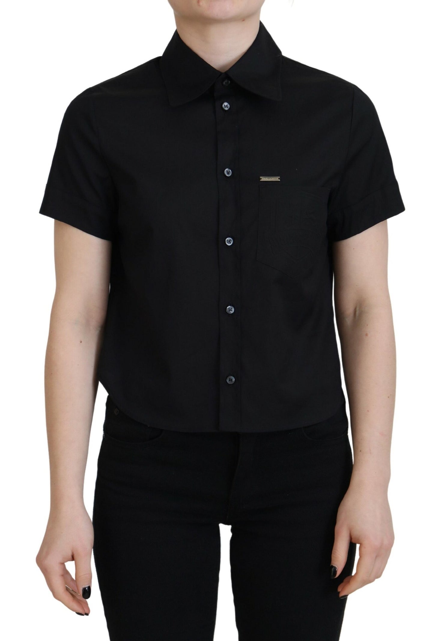  - Black Collared Button Down Short Sleeves Polo Top