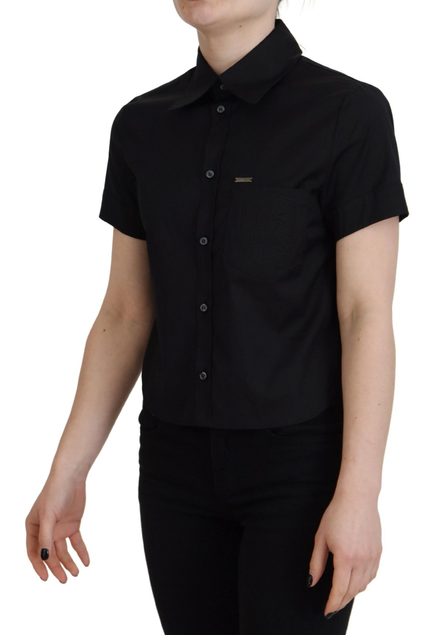  - Black Collared Button Down Short Sleeves Polo Top