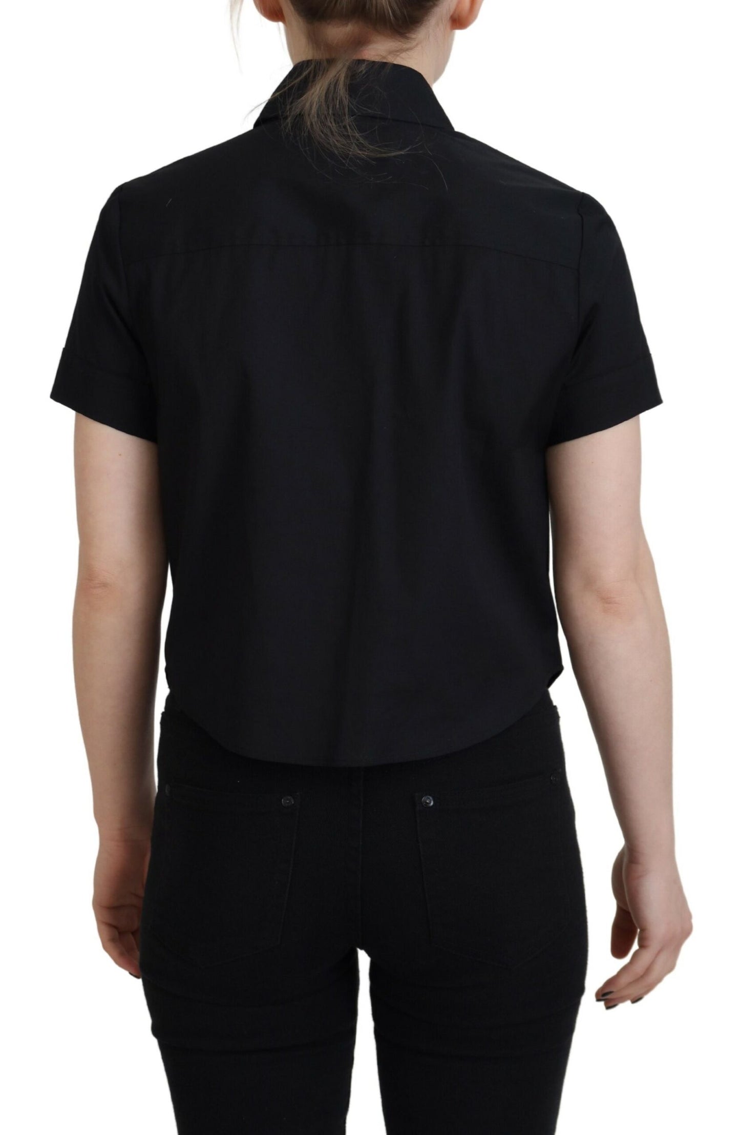  - Black Collared Button Down Short Sleeves Polo Top