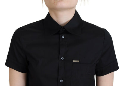  - Black Collared Button Down Short Sleeves Polo Top