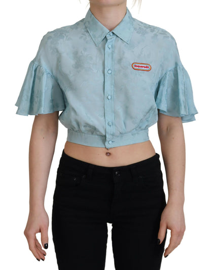  - Blue Collared Button Down Short Sleeve Cropped Top