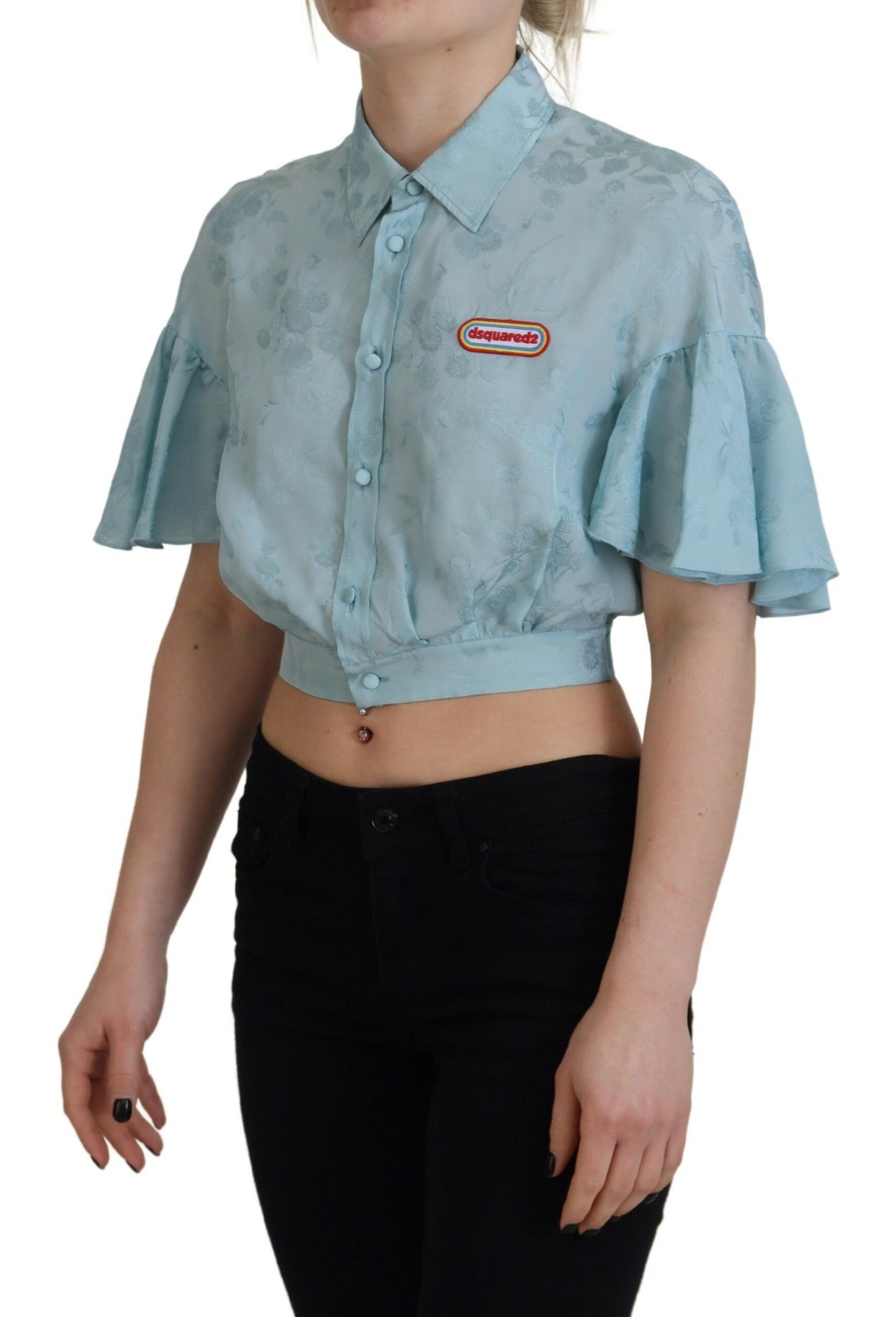  - Blue Collared Button Down Short Sleeve Cropped Top