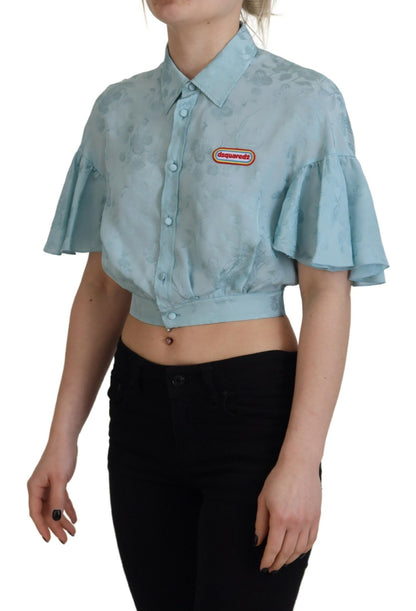  - Blue Collared Button Down Short Sleeve Cropped Top