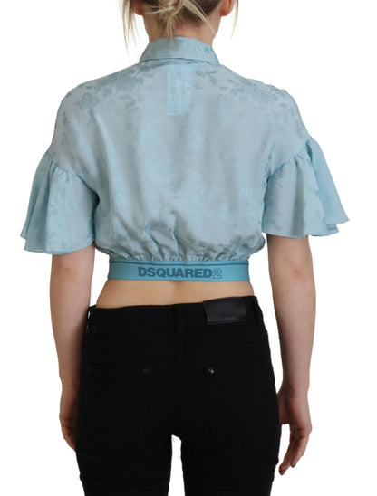  - Blue Collared Button Down Short Sleeve Cropped Top