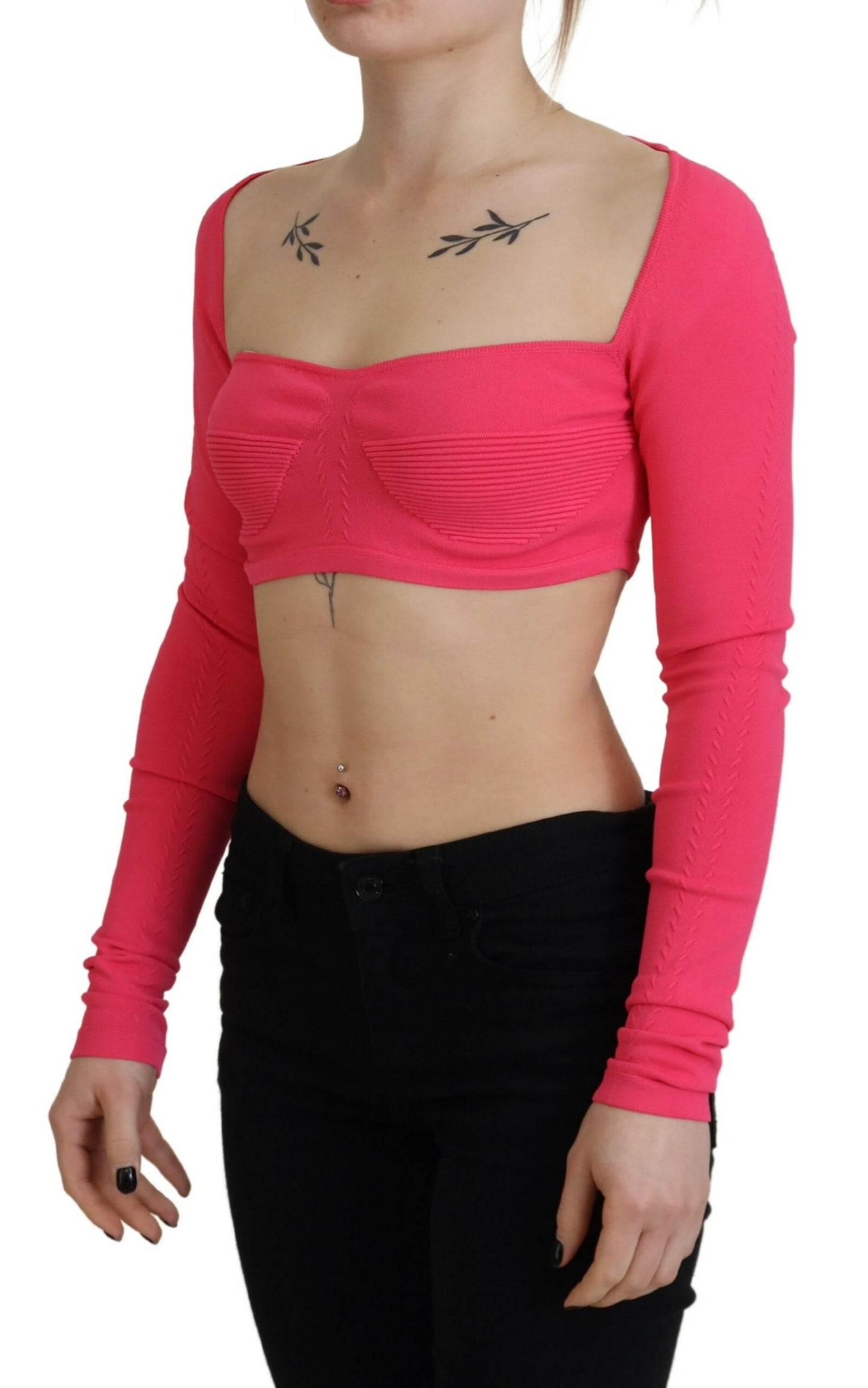  - Pink Viscose Knit Square Neck Long Sleeves Top