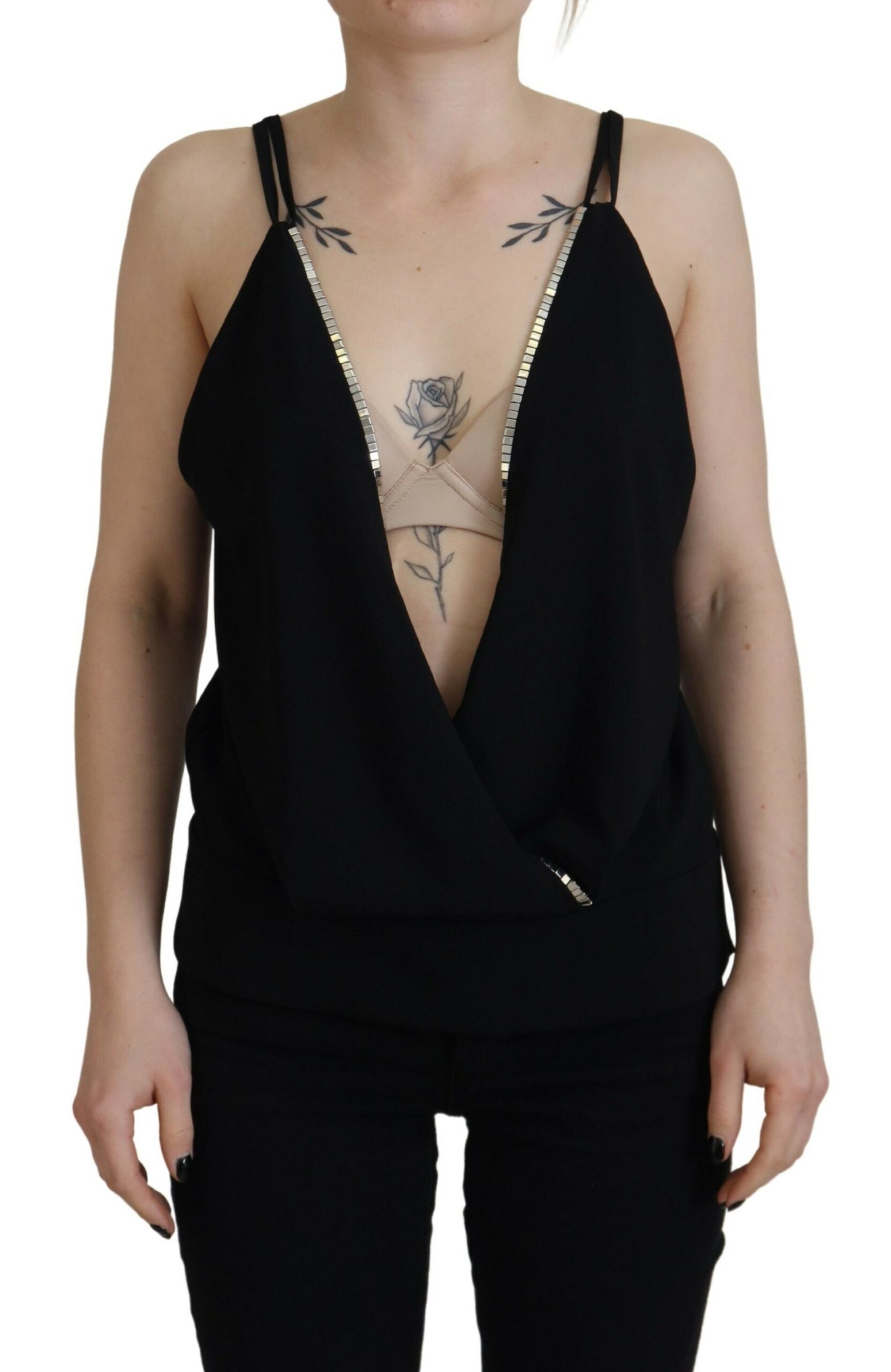  - Black Embellished Deep V-neck Sleeveless Tank Top