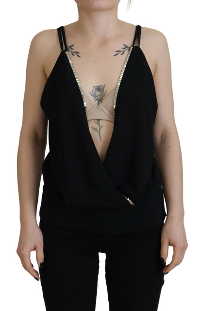  - Black Embellished Deep V-neck Sleeveless Tank Top