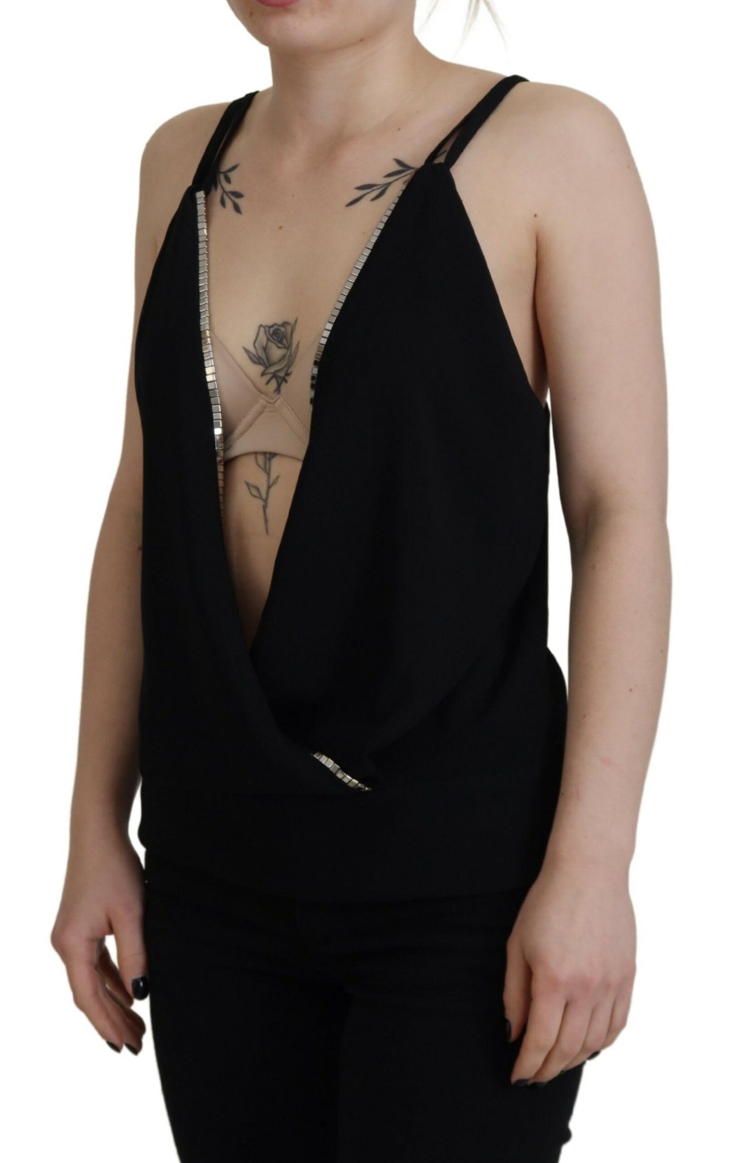  - Black Embellished Deep V-neck Sleeveless Tank Top