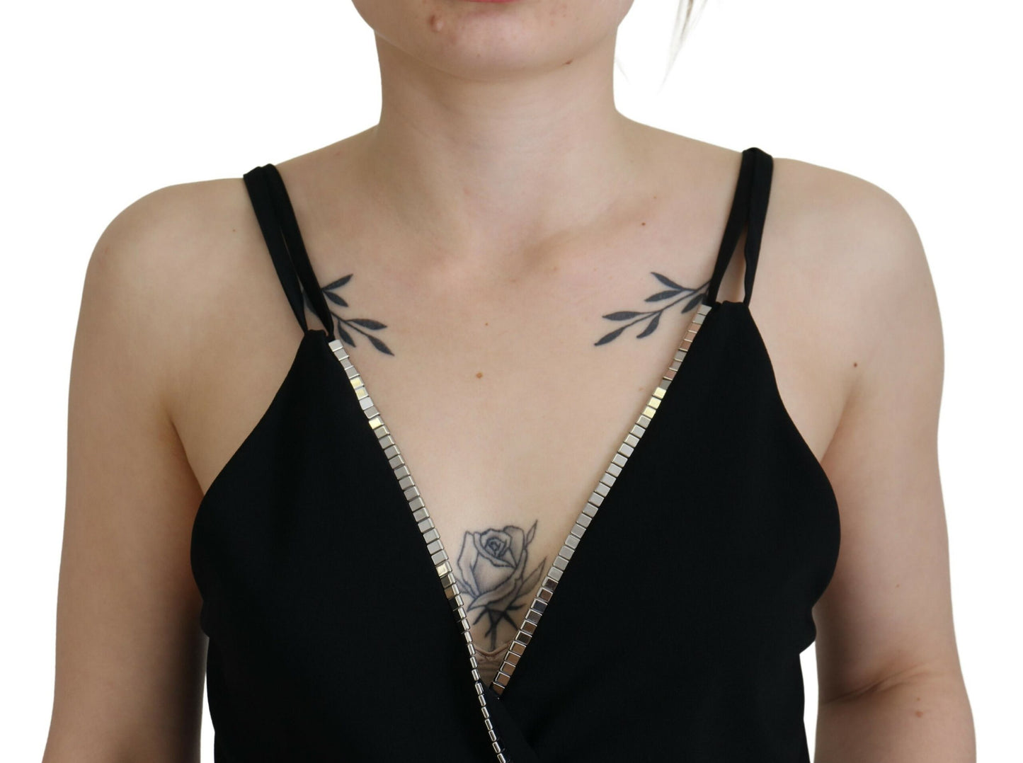  - Black Embellished Deep V-neck Sleeveless Tank Top