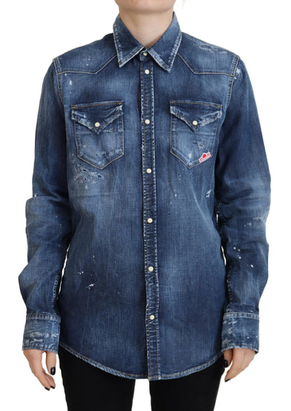  - Blue Washed Cotton Button Down Collared Denim Shirt