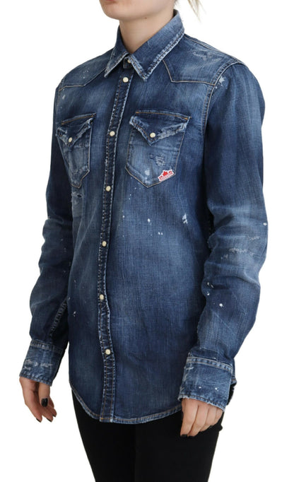  - Blue Washed Cotton Button Down Collared Denim Shirt