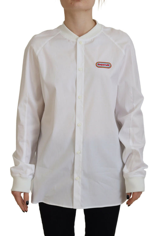  - White Cotton Button Down Long Sleeves Crewneck Top