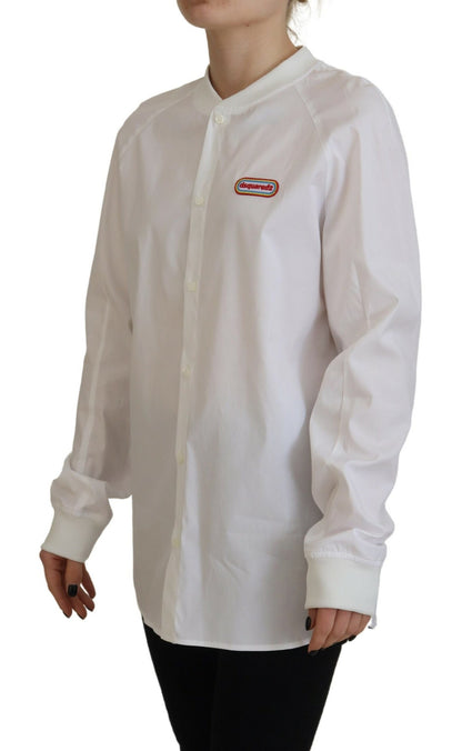  - White Cotton Button Down Long Sleeves Crewneck Top